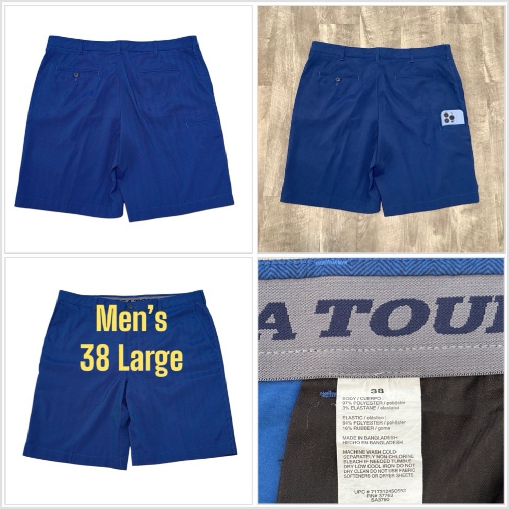 Men's PGA Tour 38 Large Golf Shorts Blue Chino Khakis Stretch Active Flex Waist